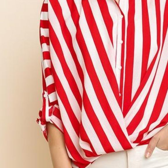 Striped Long Roll Up Dolman Sleeve button Up - Picture 2 of 8